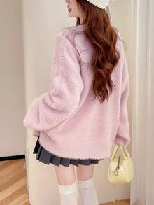 Rikumo Women's Simple Casual Knit Cardigan Sweater,Long Sleeve Tops Winter - Pink - View 5