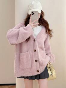 Rikumo Women's Simple Casual Knit Cardigan Sweater,Long Sleeve Tops Winter - Pink - View 4