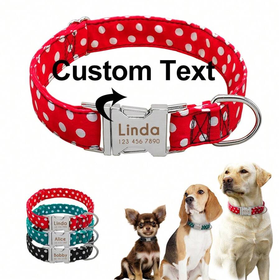Vòng cổ chó bằng nylon chấm bi tùy chỉnh có khắc chữ bằng laser, có thể điều chỉnh cho vừa với cổ thú cưng, chống thất lạc - Đỏ - Xem 1