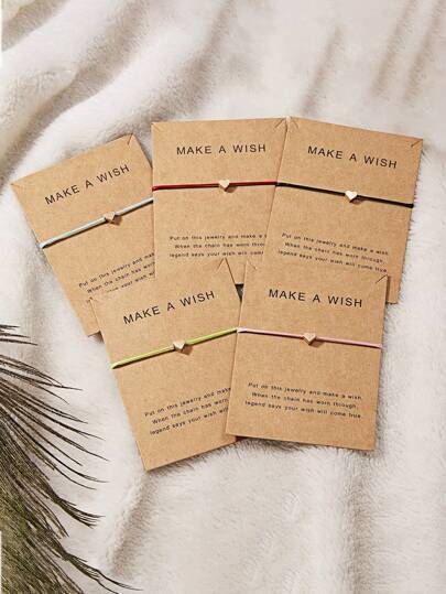 5 件/套简约心形铜饰编织蜡绳手链，适合学生女孩、朋友、幸运生日礼物