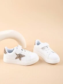 1 Pair Girls Sparkly Stars Decor Lightweight Flat Casual Sneakers, Non-Slip Outdoor Comfortable Kids Shoes, Suitable For All Seasons