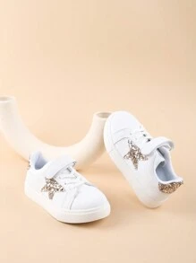 1 Pair Girls Sparkly Stars Decor Lightweight Flat Casual Sneakers, Non-Slip Outdoor Comfortable Kids Shoes, Suitable For All Seasons