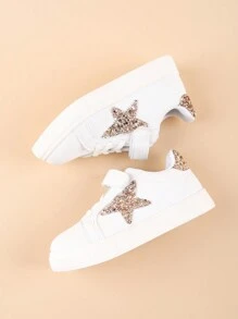 1 Pair Girls Sparkly Stars Decor Lightweight Flat Casual Sneakers, Non-Slip Outdoor Comfortable Kids Shoes, Suitable For All Seasons