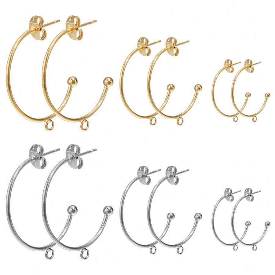 6 cái/gói móc khuyên tai hình chữ C bằng thép không gỉ, chống ăn mòn và không gây dị ứng 15/20/25mm