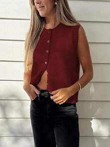Women's Minimalist Round Neck Solid Color Button Front Knit Cardigan Vest, New Year - Red - View 5