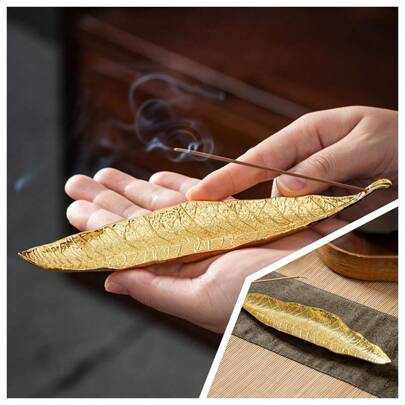 金色小菩提叶香座 - 精致的芳香疗法装饰品，采用节省空间的横向设计，适合家庭室内使用 - 灵感来自传统日式风格，小巧美观