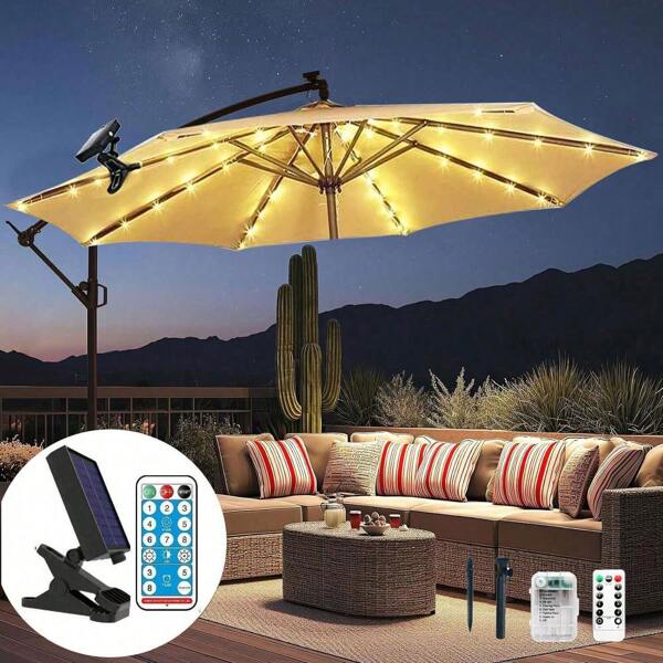 Solarbeleuchtung für Gartenparasolö, kabellos mit Fernbedienung, 8 Helligkeitsstufen, 104 LED, batteriebetrieben, wasserdicht für Terrasse, Garten, Außenbereich (Solar-/Batteriebetrieben, mit/ohne Fernbedienung), Herbstdekoration, Hausdekoration, Außenbereichsdekoration