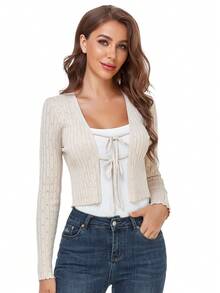 Chaqueta corta de mujer informal de cuello en V de punto con lazo, abierta al frente, tipo chaqueta - Albaricoque - Ver 2