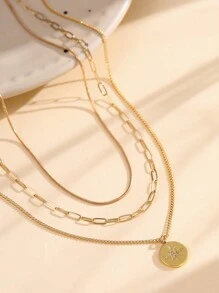 3pcs Set Stainless Steel Snake Bone Chain, Square Paper-Clip Design Layered Necklace With Sparkling Cubic Zirconia Sunflower Pendant, Suitable For Women's Daily Wear (Random Clasp And Link Quantity)