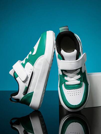 1pair Children Sneakers Sports Shoes Indoor Outdoor Casual Trainers, Low-Top Design With Hook And Loop Strap, Lightweight Breathable PU Leather, Flexible Cushioned Sole, Anti-Slip Durable