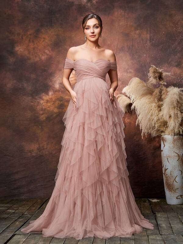 ​Luxury One-Shoulder Tiered Ruffle Baby Shower Dress - Formal Maternity Gowns With Cascading Hemline For Bridal Luncheons, Garden Weddings, Evening Galas, High Tea Parties, Prenatal Celebrations​