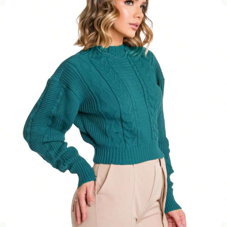 Women's Cropped Top Women's Knitted Blouse Long Sleeve Collar - Màu xanh ngọc - Xem 1