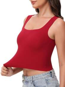 Women's Tight Fitted Widened Square Neck Tank Top With Built-In Bra Pads Sleeveless Air Touch Fabric - 酒紅色 - 查看 4