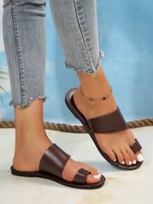 女士尖头系带平底凉鞋、简约舒适一脚蹬拖鞋、休闲户外沙滩人字拖