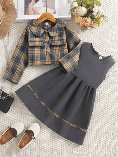 2 件套年轻女孩时尚英伦风格春季连衣裙，包括：经典领扣格子长袖夹克外套和纯色圆领纽扣后背无袖连衣裙，小女孩优雅户外休闲装，小学生柔软舒适日常装