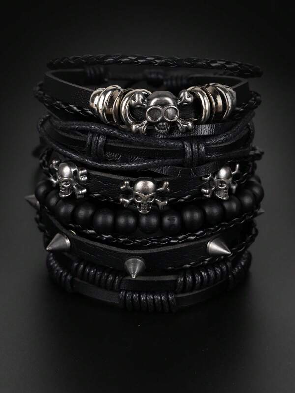6pcs/Set Gothic Punk Style Personality Skull Rivet Metal Decor Multilayer PU Leather Braided Bracelet, Suitable For Men's Daily Wear And Halloween