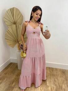 Elegant Women's Long Dress Striped Três Marias With Tie Strap - 紅色 - 查看 1