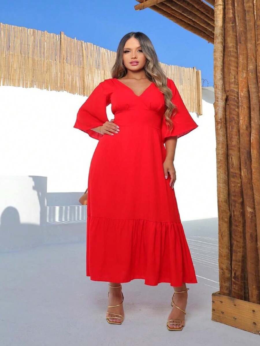 WOMEN'S MIDI DRESS WITH TIE LAUNCHES PERFUME - 紅色 - 查看 1
