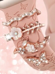 4 件套金属吊坠装饰环，兼容 表带，花朵蝴蝶钻石水钻饰品，智能手表硅胶表带配件，时尚手链配饰（不含手表和表带），兼容三星 Galaxy Watch