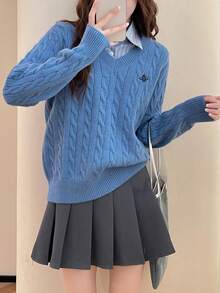 Women's Vintage Collegiate V-Neck Embroidered Knit Sweater - Blue - View 3