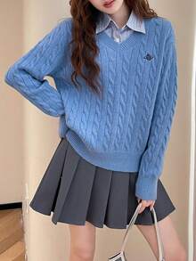 Women's Vintage Collegiate V-Neck Embroidered Knit Sweater - Blue - View 4