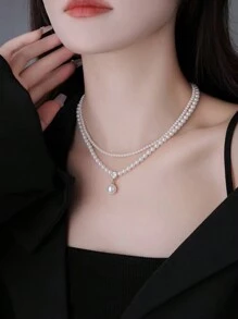 1pc Vintage French Style Luxury Double Layer Faux Pearl Necklace - Suitable For Ladies Parties, Gatherings, And Events
