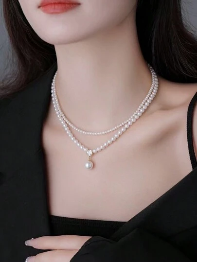 1pc Vintage French Style Luxury Double Layer Faux Pearl Necklace - Suitable For Ladies Parties, Gatherings, And Events
