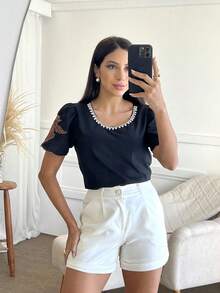 Women's Blouse With Pearl And Embroidery On The Collar - màu đen - Xem 4