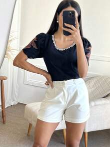 Women's Blouse With Pearl And Embroidery On The Collar - màu đen - Xem 8