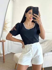 Women's Blouse With Pearl And Embroidery On The Collar - màu đen - Xem 2