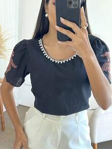 Women's Blouse With Pearl And Embroidery On The Collar - màu đen - Xem 5
