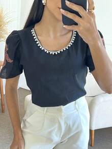 Women's Blouse With Pearl And Embroidery On The Collar - màu đen - Xem 6