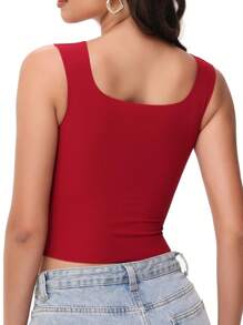 Women's Tight Fitted Widened Square Neck Tank Top With Built-In Bra Pads Sleeveless Air Touch Fabric - 酒紅色 - 查看 7