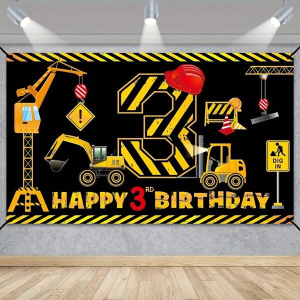 1pc, Building Third Birthday Banner Decoration, Dump Truck Building Theme Third Birthday Background Party Supplies, Excavator Crane Excavator Three-Year Poster Logo,Christmas