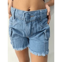 Children's Cargo Shorts With Pockets On The Sides Adjustable Youth Blogger Girl - Light Wash - View 4