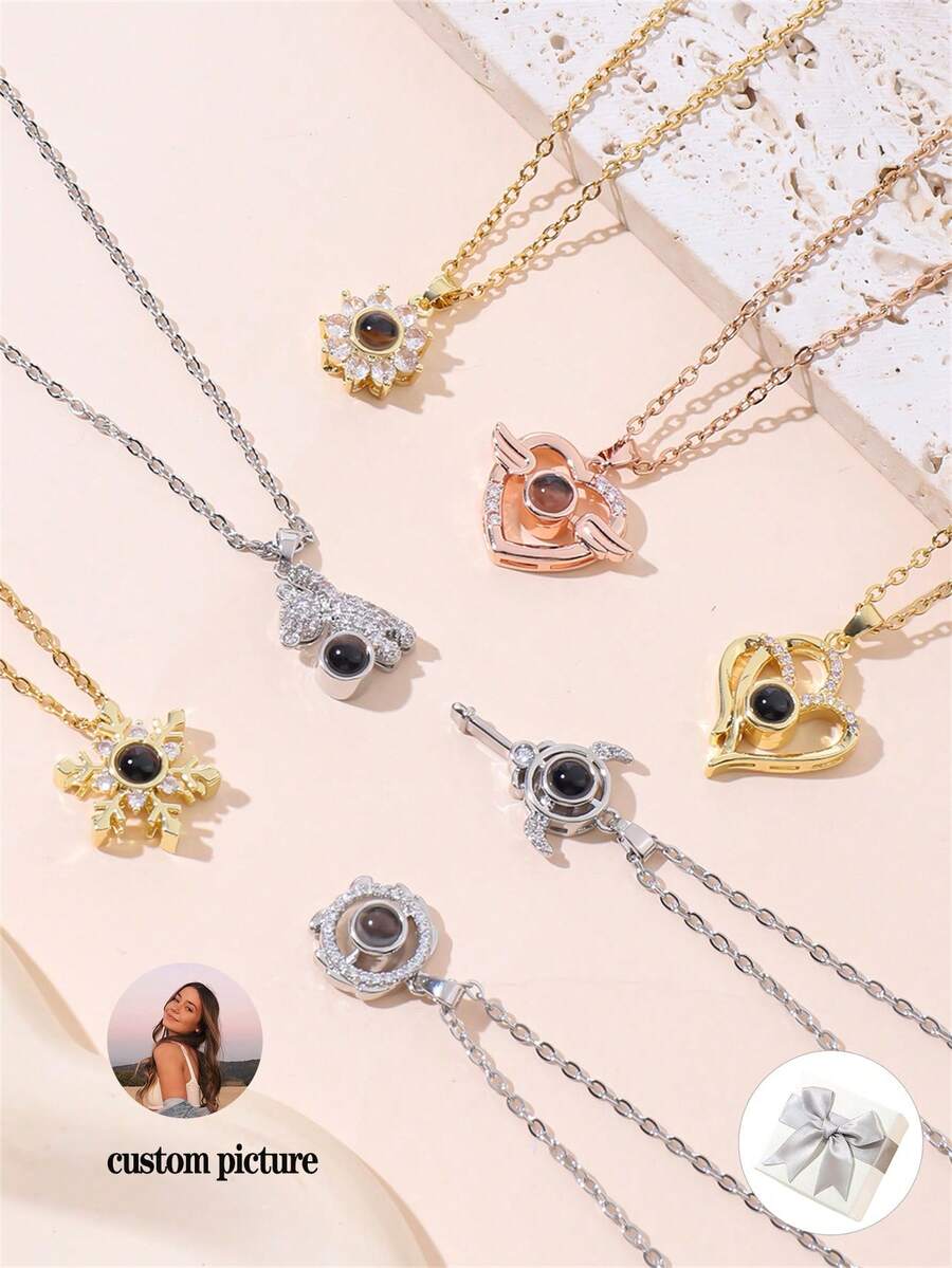 1 件定制投影照片心形项链、个性化动物投影照片项链、感性投影吊坠项链、简约照片吊坠项链、送给她的礼物、情人节、生日、圣诞节、母亲节 - 金色 - 查看 1