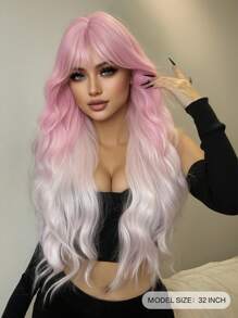 一片式合成耐热短卷发中分假发渐变斜发 32 英寸全机织日常自然逼真假发 - 漸層粉紅色 - 查看 4