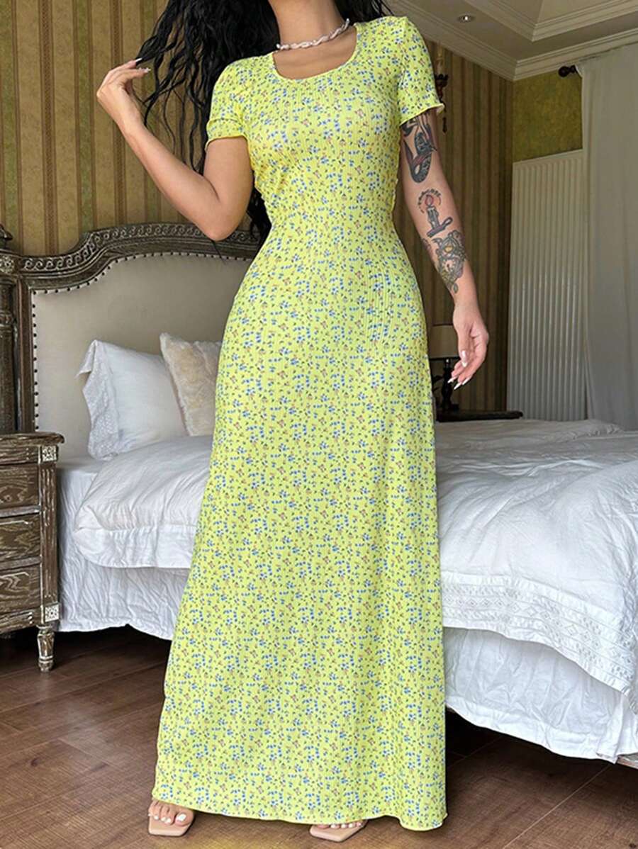 Women's Spring And Summer Dress Fashion Print U-Neck Tie Waist Short Sleeve Dress