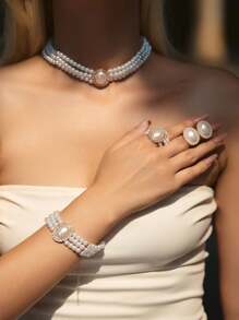 5 Pieces Vintage Elegant High-End Alloy Faux Pearl & Rhinestone Multilayer Necklace, Bracelet, Earrings Jewelry Set For Women