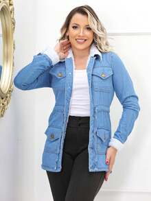 Women's Jeans Parka With Plush Details And Four Front Pockets - Màu xanh lam - Xem 1