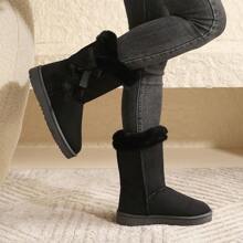 Women's Black Plush Mid-Calf Warm Snow Boots, Fashion Bow Soft Bottom Plush Lining Winter Boots, Anti-Slip Comfortable Snow Boots