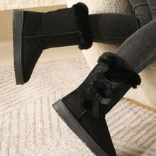 Women's Black Plush Mid-Calf Warm Snow Boots, Fashion Bow Soft Bottom Plush Lining Winter Boots, Anti-Slip Comfortable Snow Boots