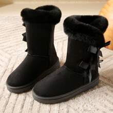 Women's Black Plush Mid-Calf Warm Snow Boots, Fashion Bow Soft Bottom Plush Lining Winter Boots, Anti-Slip Comfortable Snow Boots