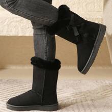 Women's Black Plush Mid-Calf Warm Snow Boots, Fashion Bow Soft Bottom Plush Lining Winter Boots, Anti-Slip Comfortable Snow Boots