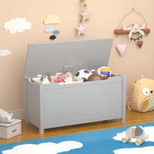 Valentines  Wooden Kids Toy Box Toy Storage With Safety Hinged Lid, White Color, Ages 2+, Spacious Toy Box With Easy Assembly, Size 31.50" X 13.00" X 16.70"White/Brown/Grey