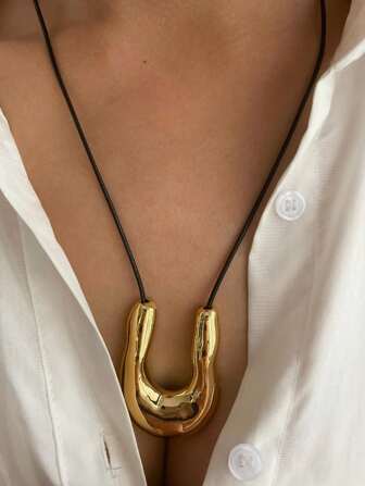 1 件时尚奢华 U 形吊坠 18K 镀金防水简约皮绳项链女士