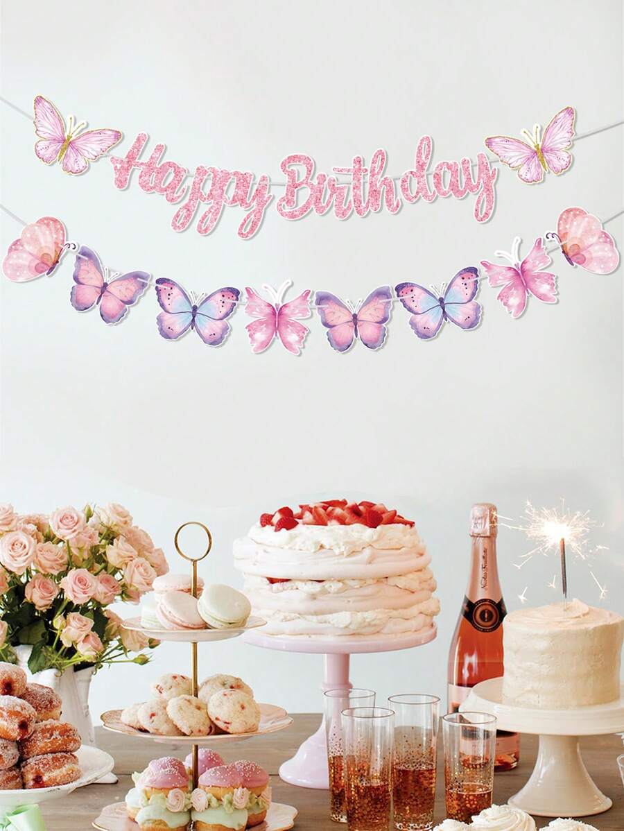 1件蝴蝶生日快乐横幅，生日派对背景旗帜装饰，蝴蝶主题生日派对家居装饰，返校季，情人节