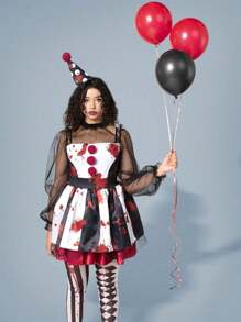 Joyfy Halloween Scary Clown Costume For Women, Creepy Jester Dress With Stockings & Hat, Adult Inspired Halloween Outfit For Party - Đen và Đỏ và Trắng - Xem 2