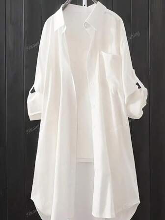 Women's Casual Plain Rollup Sleeve Long Shirt, Spring Autumn,Long Sleeve Tops