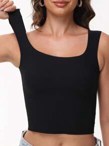 Women's Tight Fitted Widened Square Neck Tank Top With Built-In Bra Pads Sleeveless Air Touch Fabric - 黑色 - 查看 6